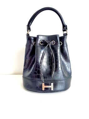 Tommy Hilfiger Black Croc-Embossed Drawstring Hobo